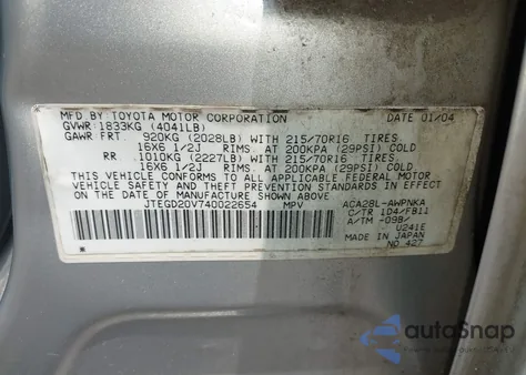 2004 Toyota Rav4 from USA, damaged, VIN JTEGD20V740022654